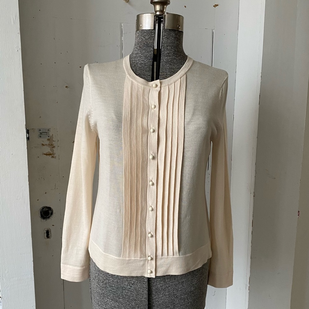 Talbots Cream Merino Wool Ruffle Cardigan Sweater